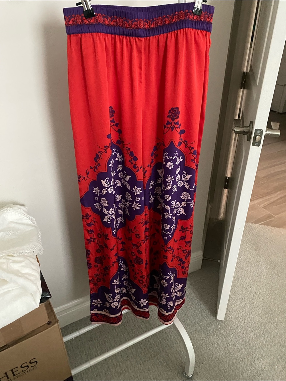 Women's Red and Purple Printed Silk Wide leg Pants